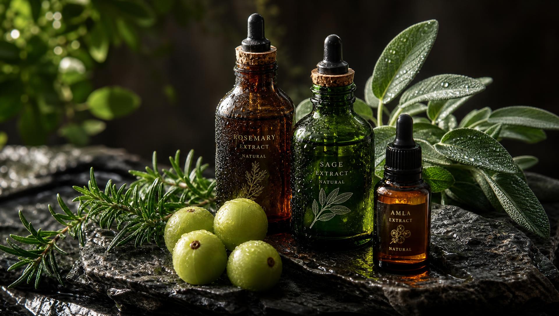 Glass bottles of dried botanicals on a pale work surface