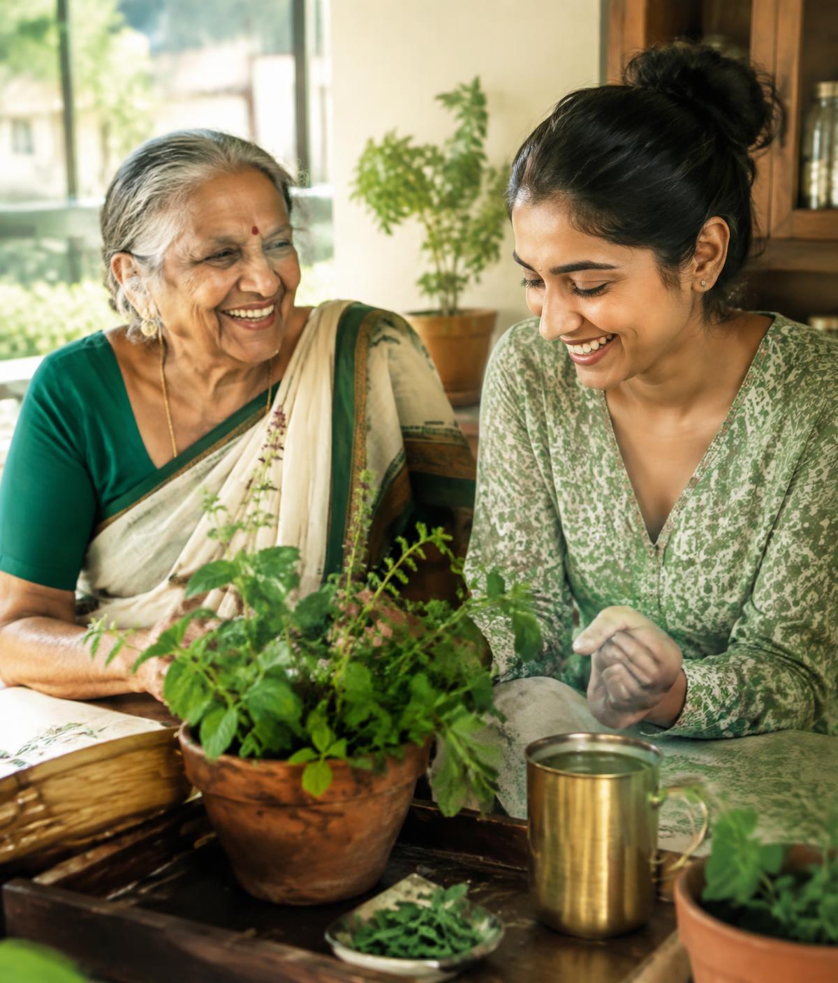 A grandmother and granddaughter laughing together over fresh herbs and tea