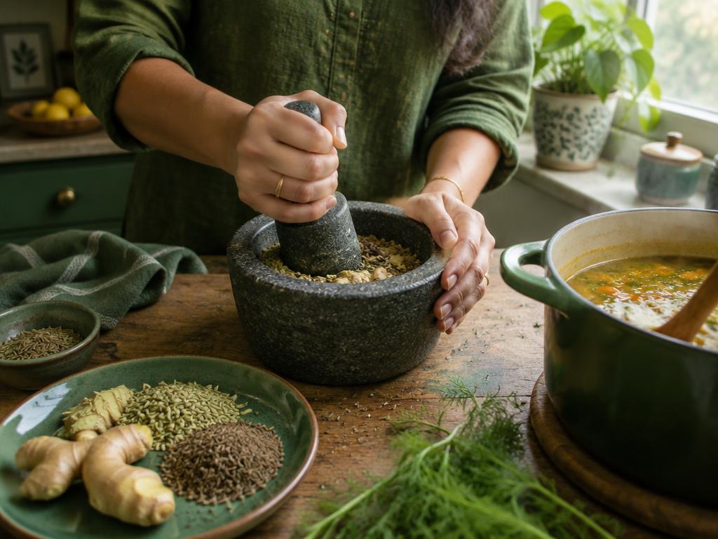Hands grinding fennel, cumin and ginger in a stone mortar