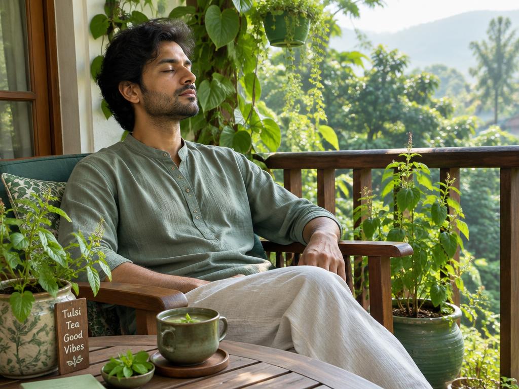 A man resting with his eyes closed on a green balcony beside a cup of tea